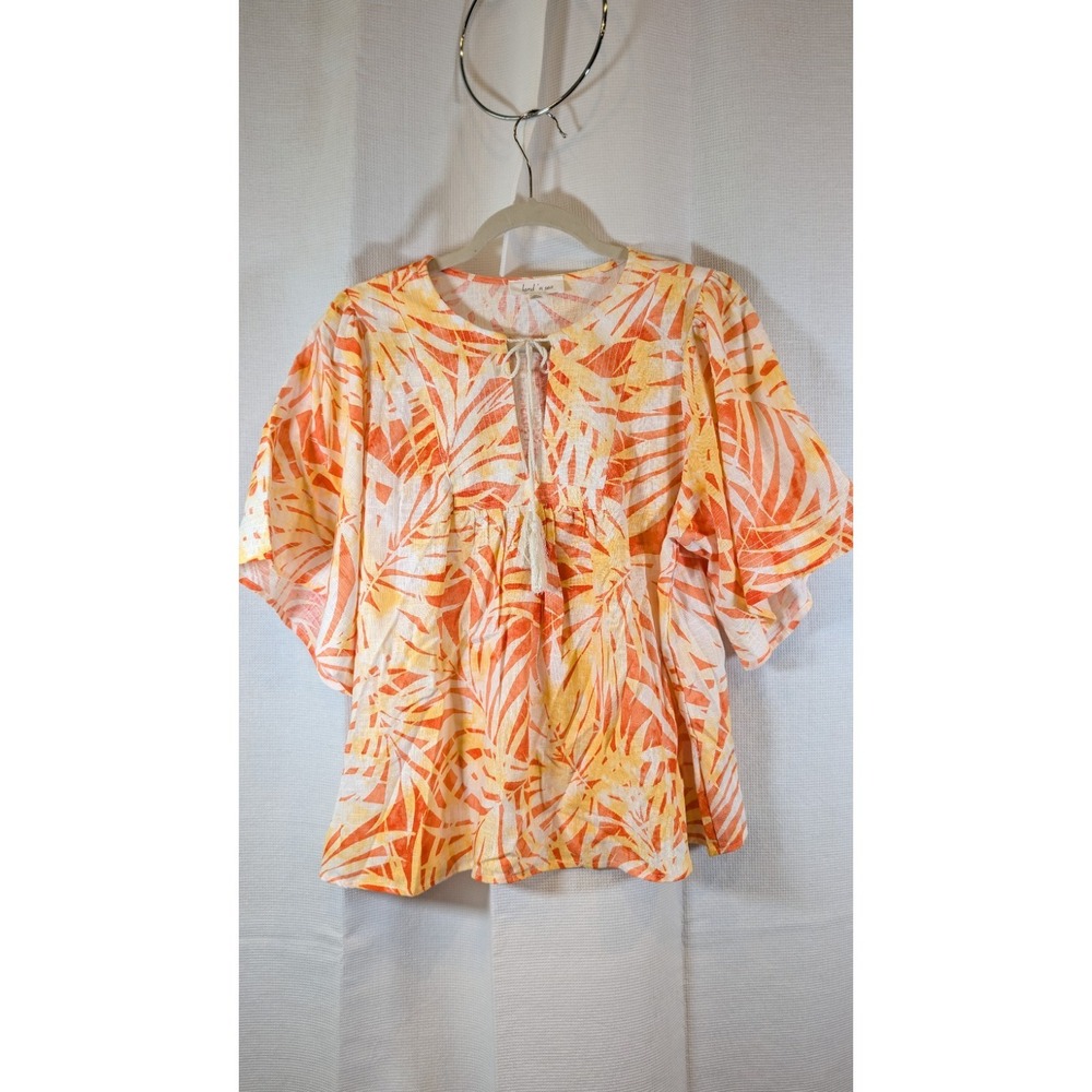 Land 'N Sea Tropical Blouse Women's XL Orange Yellow Palm Leaf Peasant Tassels
